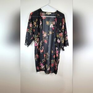 Wallflower Women Sheer Lace Cardigan S Black Floral Open Lightweight Wide Sleeve
